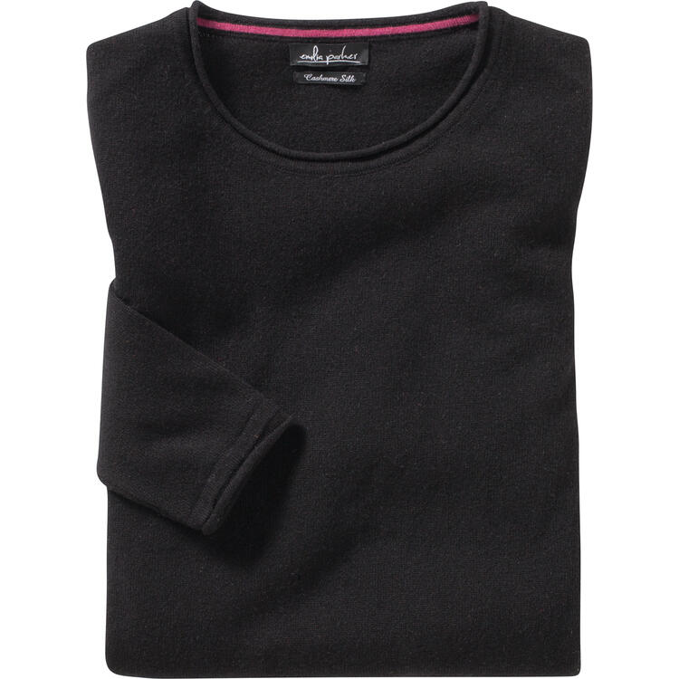 Auf diesem Bild sehen Sie Emilia Parker Kaschmir-Seiden-Rundhalspullover in der Farbe schwarz
