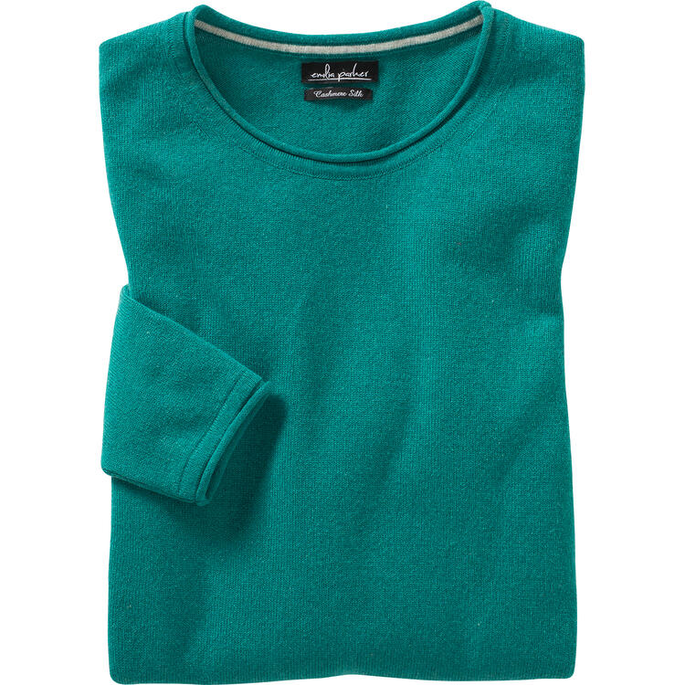 Auf diesem Bild sehen Sie Emilia Parker Kaschmir-Seiden-Rundhalspullover in der Farbe trkis