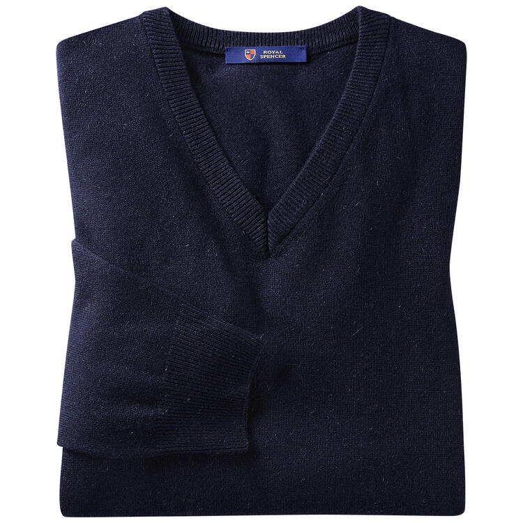 Auf diesem Bild sehen Sie Royal Spencer Herrenpullover Kaschmir-Seide mit V-Ausschnitt in der Farbe dunkelblau