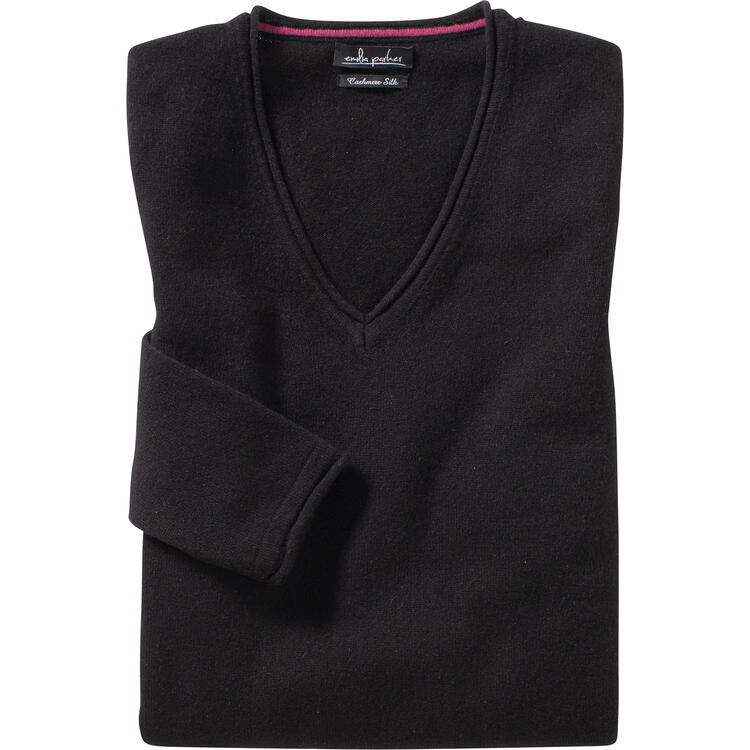 Auf diesem Bild sehen Sie Emilia Parker Kaschmir-Seide V-Pullover in der Farbe schwarz