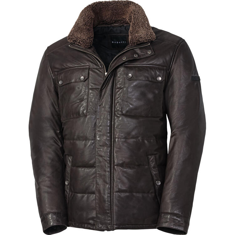 Auf diesem Bild sehen Sie Bugatti Herren Leder-Steppjacke in der Farbe dunkelbraun