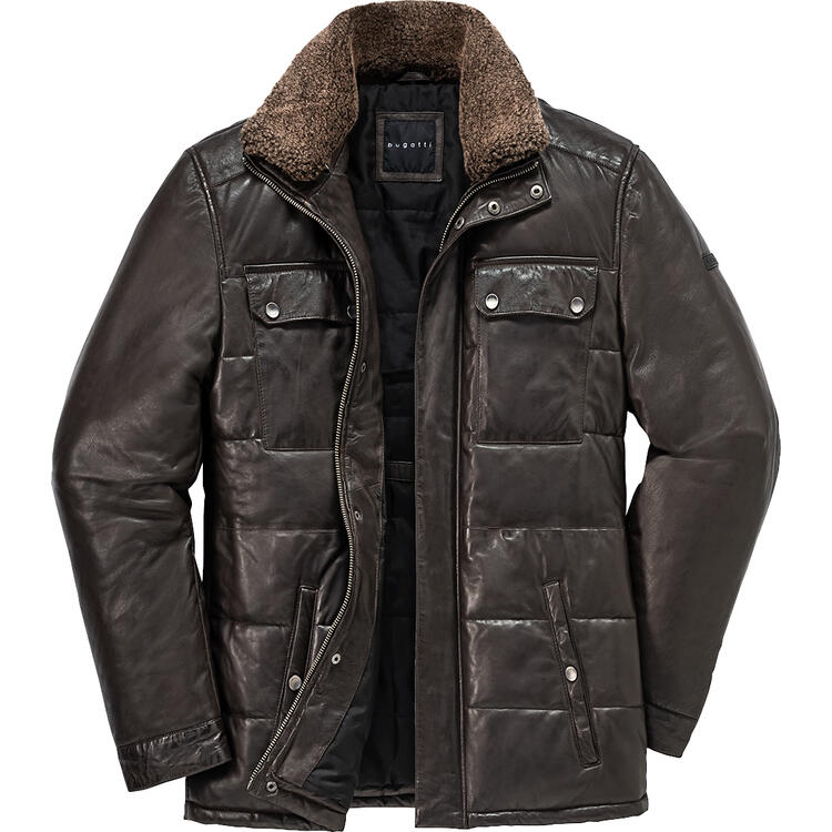 Auf diesem Bild sehen Sie Bugatti Herren Leder-Steppjacke in der Farbe dunkelbraun