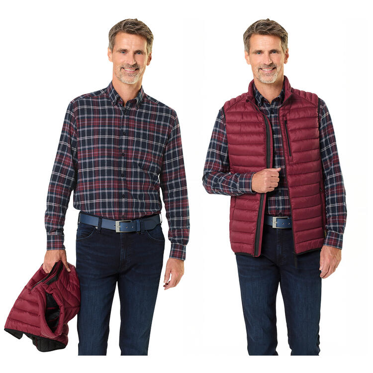 Auf diesem Bild sehen Sie Ducktail Herren-Set Weste und Flanellhemd in der Farbe bordeaux