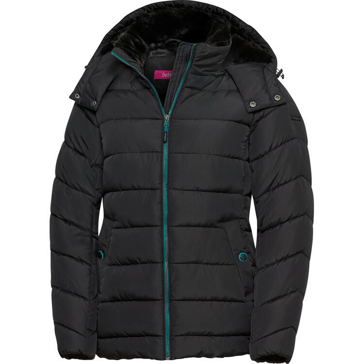 Auf diesem Bild sehen Sie Belmina Damen Steppjacke mit Fellkapuze in der Farbe schwarz