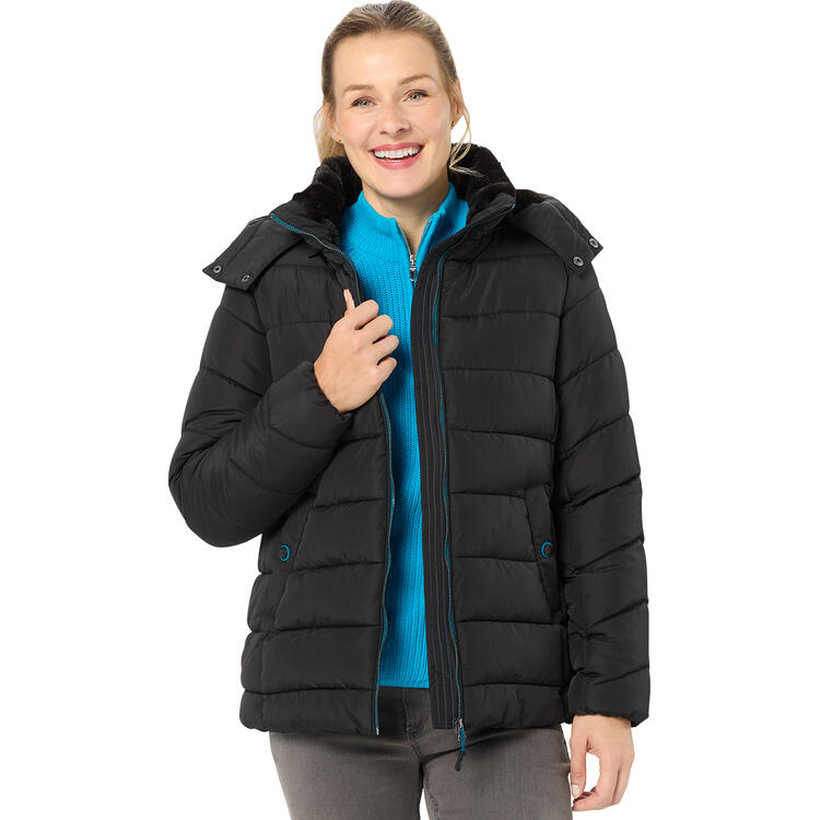 Auf diesem Bild sehen Sie Belmina Damen Steppjacke mit Fellkapuze in der Farbe schwarz