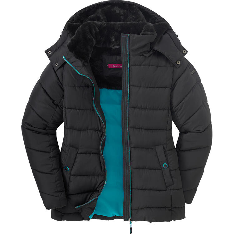Auf diesem Bild sehen Sie Belmina Damen Steppjacke mit Fellkapuze in der Farbe schwarz