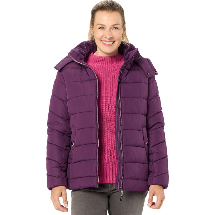 Auf diesem Bild sehen Sie Belmina Damen Steppjacke mit Fellkapuze in der Farbe beere