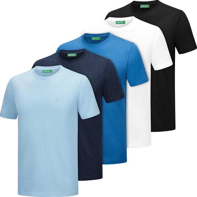 Auf diesem Bild sehen Sie Benetton 5er Pack T-Shirts unisex, pflegeleicht und sportlich in der Farbe gemischt
