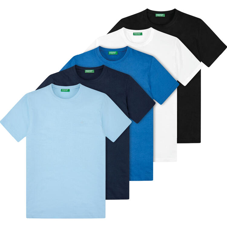 Auf diesem Bild sehen Sie Benetton 5er Pack T-Shirts unisex, pflegeleicht und sportlich in der Farbe gemischt