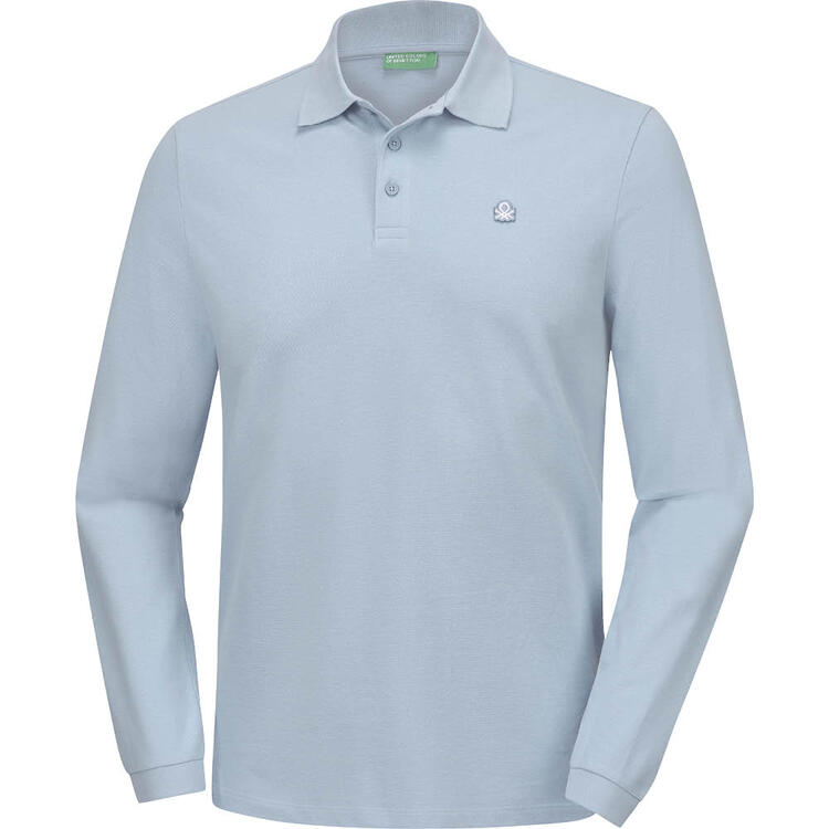 Auf diesem Bild sehen Sie Benetton Poloshirt langarm unisex, hautfreundlich aus 100% Baumwolle in der Farbe hellblau