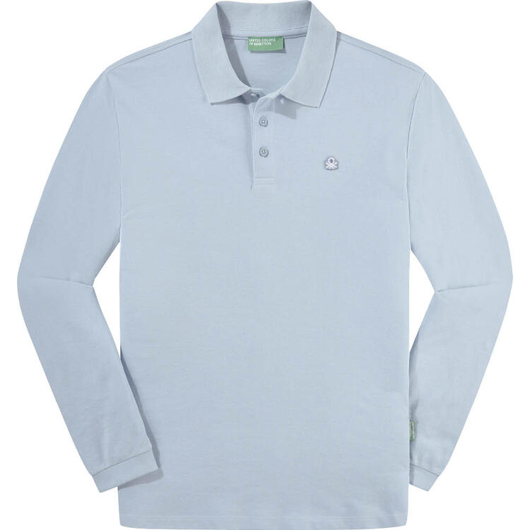 Auf diesem Bild sehen Sie Benetton Poloshirt langarm unisex, hautfreundlich aus 100% Baumwolle in der Farbe hellblau