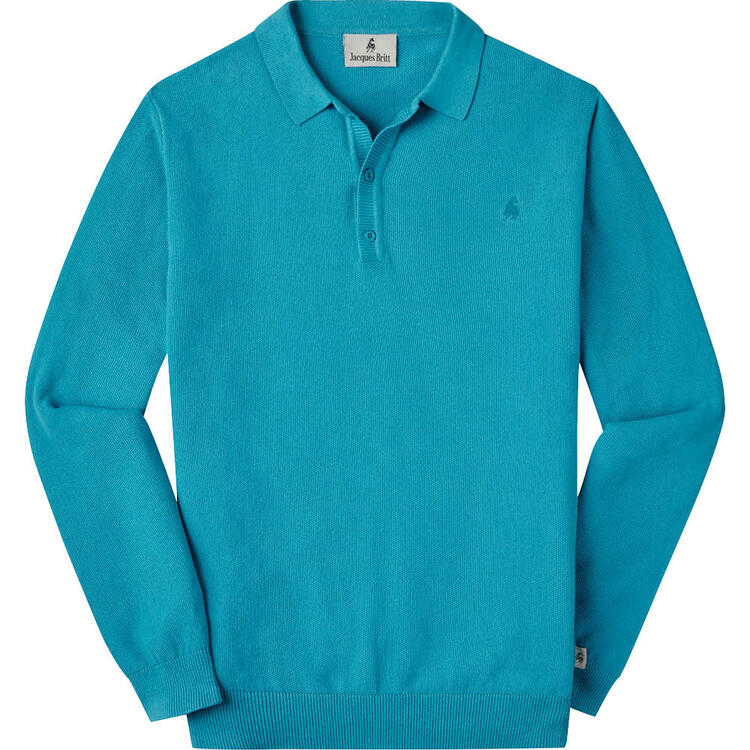 Auf diesem Bild sehen Sie Jacques Britt Herren Strick-Poloshirt langarm in der Farbe t�rkis