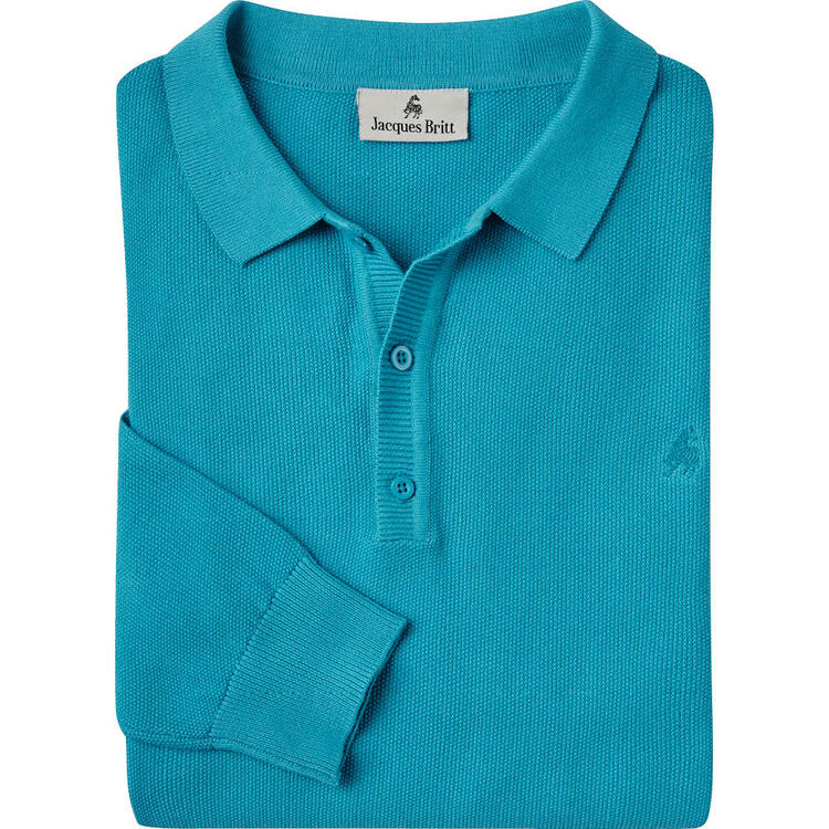 Auf diesem Bild sehen Sie Jacques Britt Herren Strick-Poloshirt langarm in der Farbe t�rkis