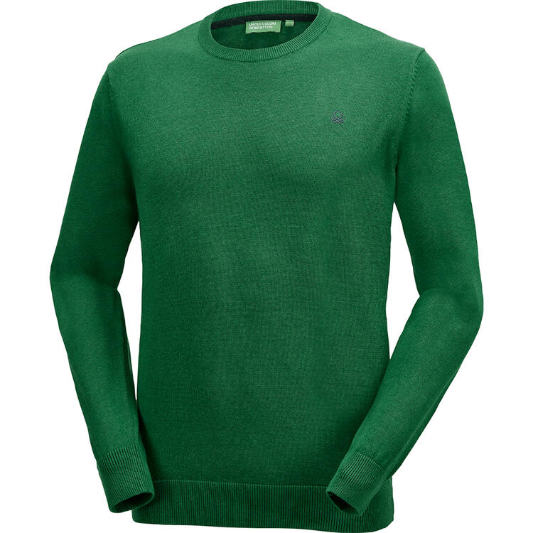 Auf diesem Bild sehen Sie Benetton Herren Pullover Rundhals, mit feinem Strick aus 100% Baumwolle in der Farbe gr�n