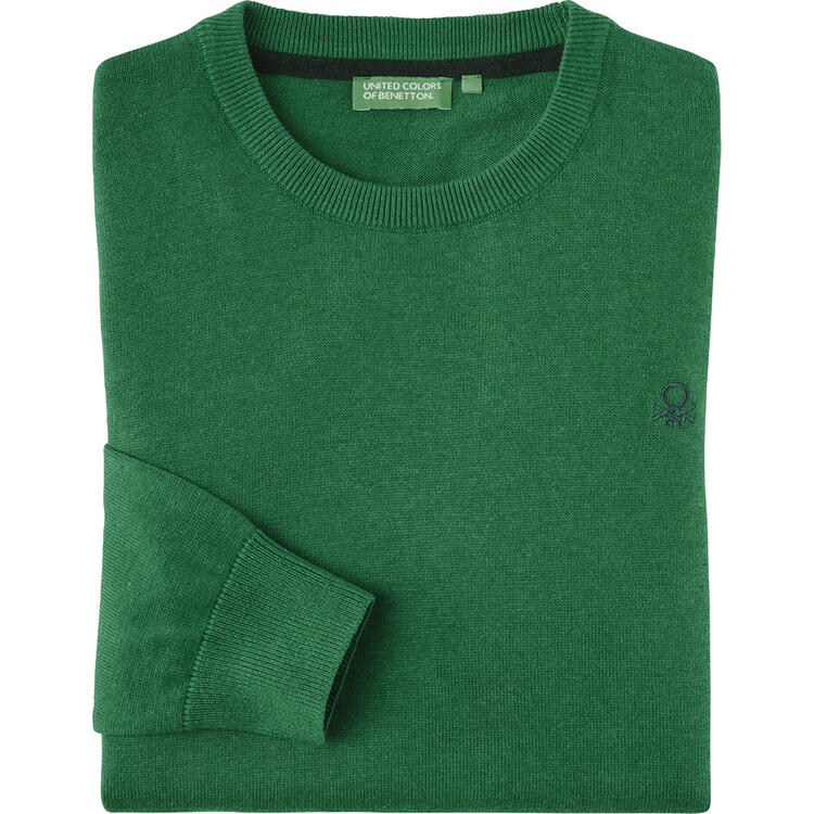Auf diesem Bild sehen Sie Benetton Herren Pullover Rundhals, mit feinem Strick aus 100% Baumwolle in der Farbe gr�n