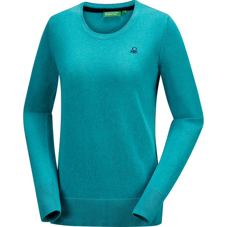 Auf diesem Bild sehen Sie Benetton Damen Pullover Rundhals, mit feinem Strick aus 100% Baumwolle  in der Farbe t�rkis
