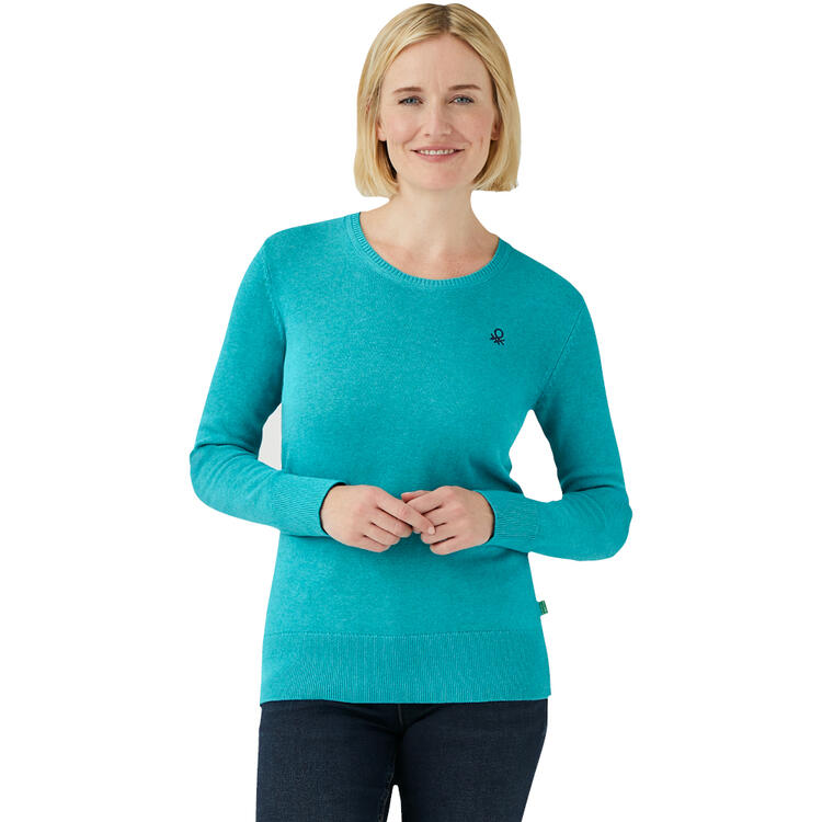 Auf diesem Bild sehen Sie Benetton Damen Pullover Rundhals, mit feinem Strick aus 100% Baumwolle  in der Farbe t�rkis