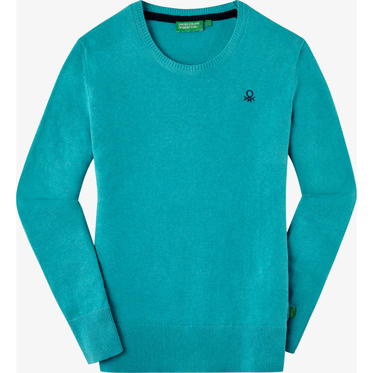 Auf diesem Bild sehen Sie Benetton Damen Pullover Rundhals, mit feinem Strick aus 100% Baumwolle  in der Farbe t�rkis