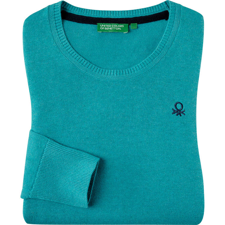 Auf diesem Bild sehen Sie Benetton Damen Pullover Rundhals, mit feinem Strick aus 100% Baumwolle  in der Farbe t�rkis