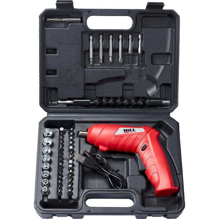 Auf diesem Bild sehen Sie GRATIS* HILL 46-teiliges Akku-Schrauber-Set in der Farbe rot